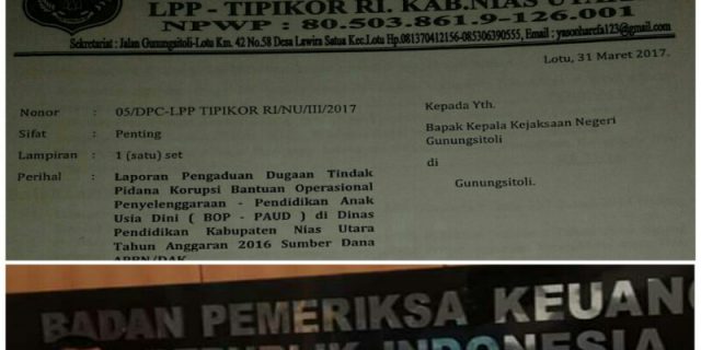 Korupsi Penggunaan Dana BOP PAUD Disdik Nias Utara Dilaporkan di Kejari Gunungsitoli