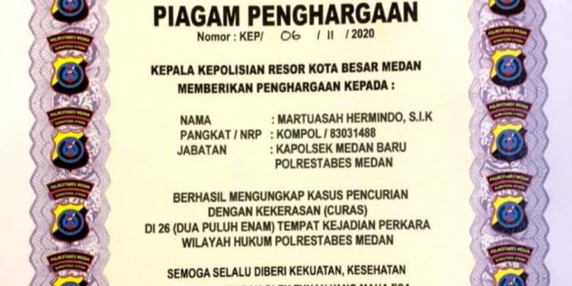Ungkap Kasus Pembunuhan, Kopolsek Medan Baru Terima Penghargaan dari Kapolrestabes Medan