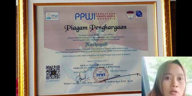 Berani Laporkan Kades Korupsi, PPWI Beri Penghargaan Kepada Nurhayati