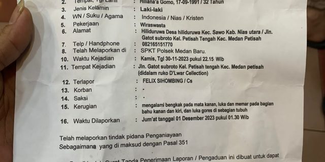 Diminta Kapolsek Medan Baru Jangan Tebang Pilih Dalam Memproses dan Menangkap Pelaku Penganiayaan