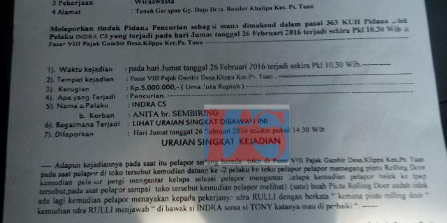 Diminta Polsek Percut Sei Tuan Tangkap Pelaku Pencuri Roling Door Milik Erlina Boru Tarigan