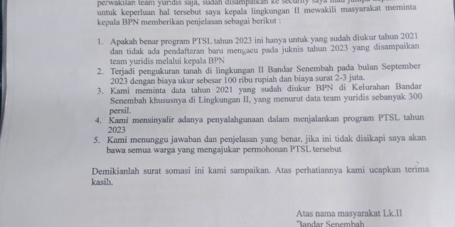 Minta Kepala BPN Dicopot, Masyarakat Bandar Sinembah Somasi BPN Binjai